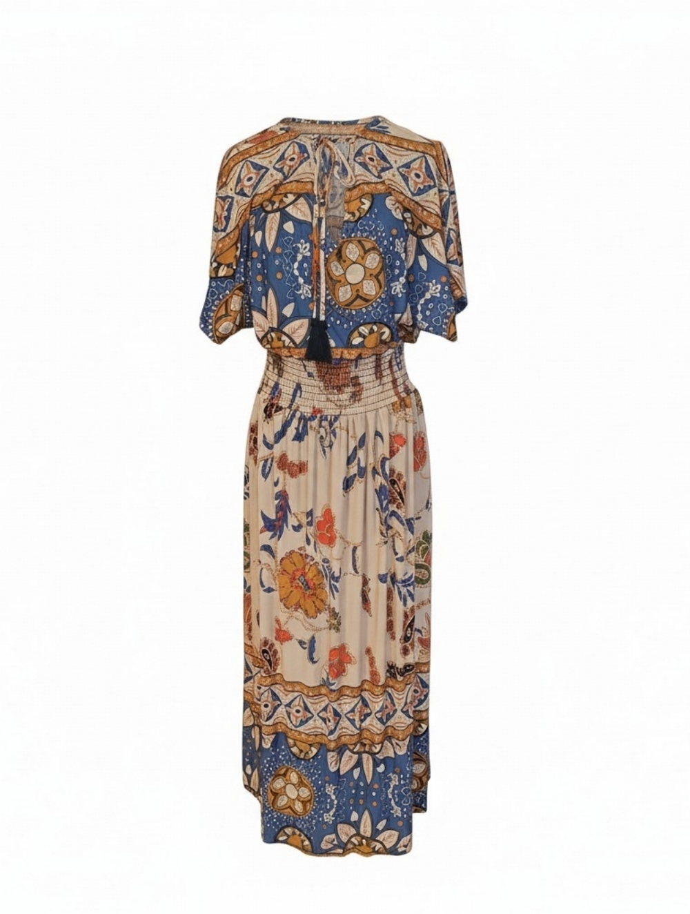 Lildy Tassel Tie-Back Maxi Dress in Blue and Cream Print L/XL - Picture 4 of 4